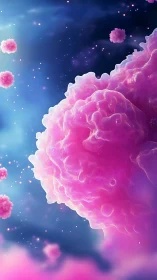 Pink microscopic cell cluster against deep blue cosmic background.