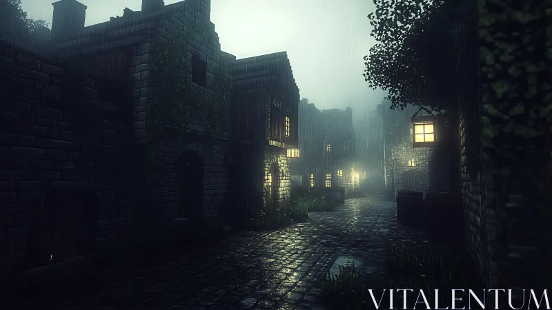 Rainy cobblestone street with dimly lit stone houses.