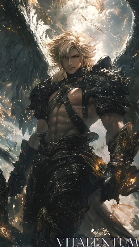 Winged warrior angel in dark ornate armor amid light storm.