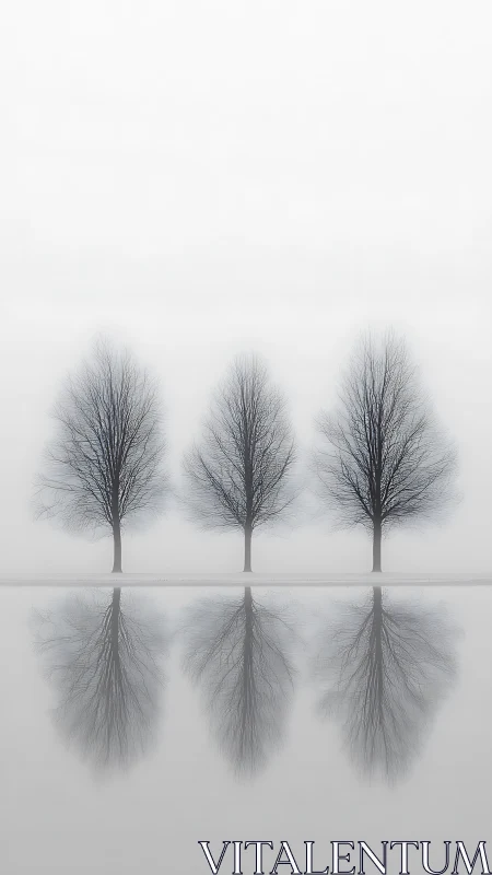 Bare winter trees align over glassy fogged water reflection.