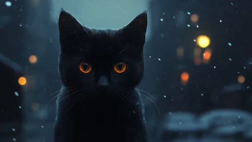 Black cat with luminous eyes in nocturnal setting.