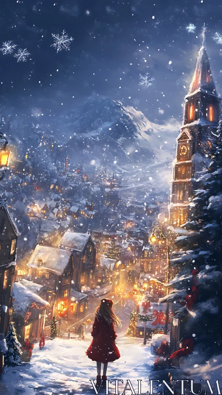 Snowy alpine town glows under deep blue winter night.