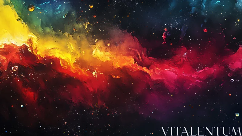 Multicolor gaseous nebula band across dense star field.