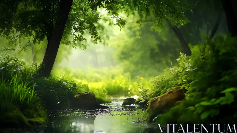 Forest stream with verdant canopy creating luminous atmospheric perspective