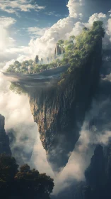 Floating island suspended above clouds within mountainous gorge landscape