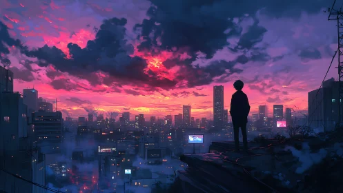 Solitary silhouette watching neon city at blazing sunset.