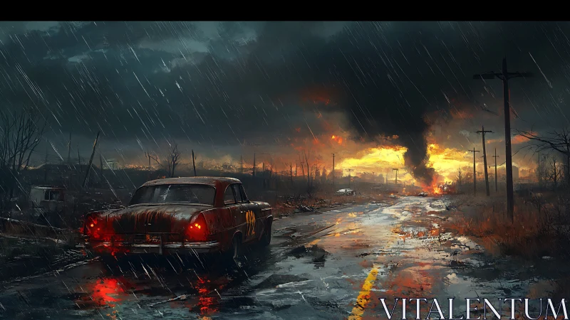 Rusting car on wet road before distant urban explosion.