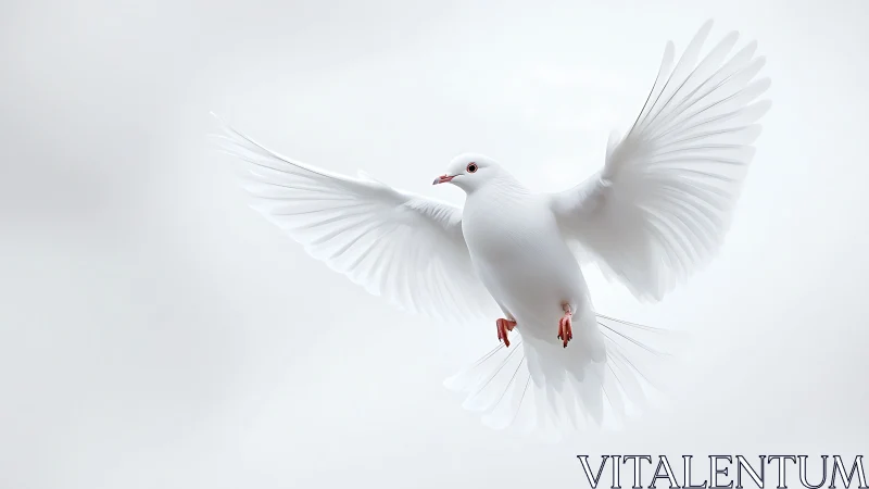 High-key photorealistic white dove in symmetrical flight study.