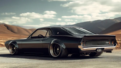 Widebody pro-touring muscle car rendered in desert sunlight.