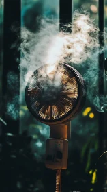Glowing electric fan wrapped in dreamy swirling mist.