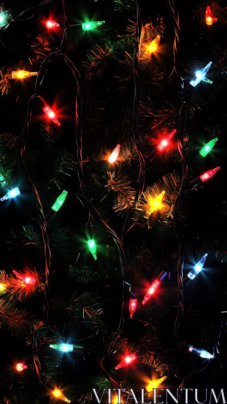 Multicolor string lights glow across dense dark foliage.