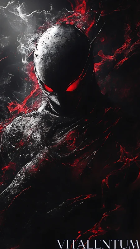 Digital painting of dark armored entity with infernal red accents.