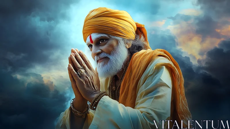 Elderly spiritual guru bows in prayer beneath stormy skies.