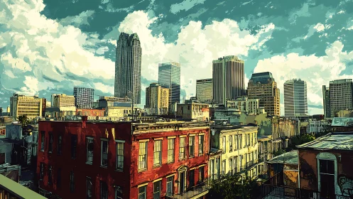 Urban skyline illustration with mixed historic and modern blocks.