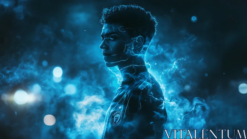 Electric blue portrait silhouette with dynamic smoke aura.