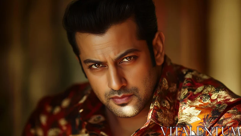 Digitally stylized male portrait with warm bokeh lighting and sharp gaze