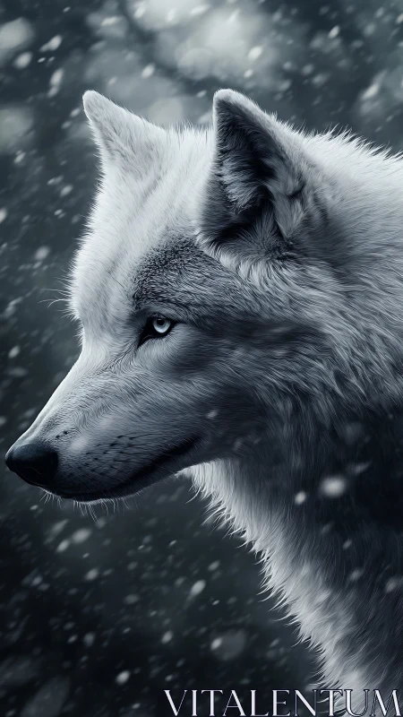 Highly detailed white wolf profile rendered in cold monochrome snow