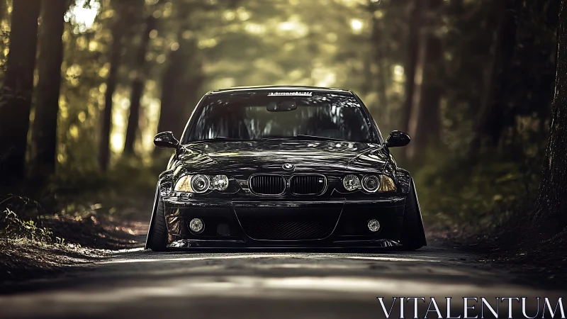 Low-slung black coupe in cinematic forest road framing.