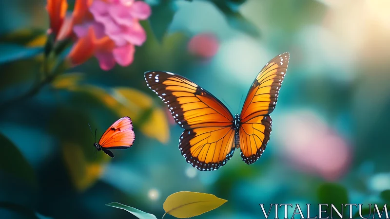 Orange butterflies glide through soft bokeh garden light.