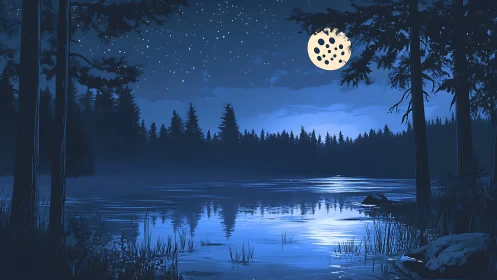 Moonlit forest lake under deep blue starry night sky