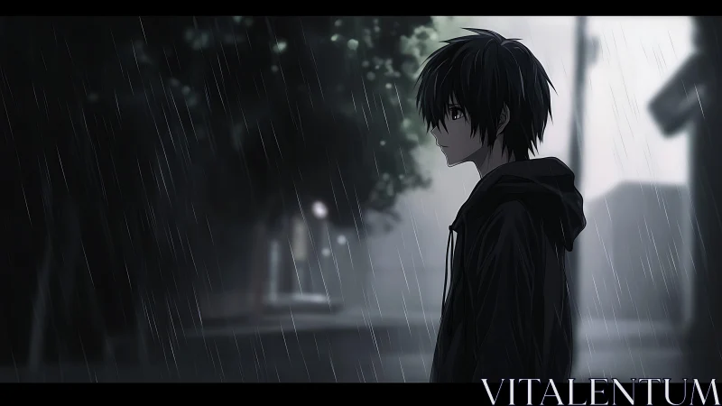 Quiet evening rain wraps a thoughtful anime boy in calm