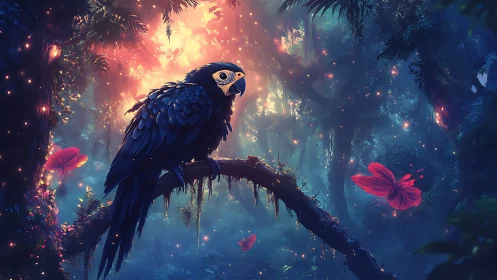 Midnight parrot negotiates secrets with glowing forest fireflies
