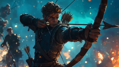 Heroic archer draws flaming bow amid cinematic battle light.