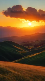 Sunset rivers of light rolling across emerald hill waves.