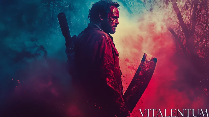 Bloodied survivor holds machete amid neon forest smoke