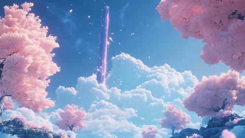 Pink-leaf trees around cloudscape with vertical light beam.