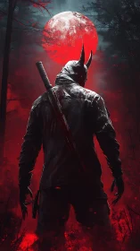 Horned hunter stands beneath a blood moon in haunted forest