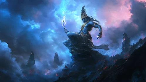 Blue-skinned deity figure sits on rocky peak amid glowing storm