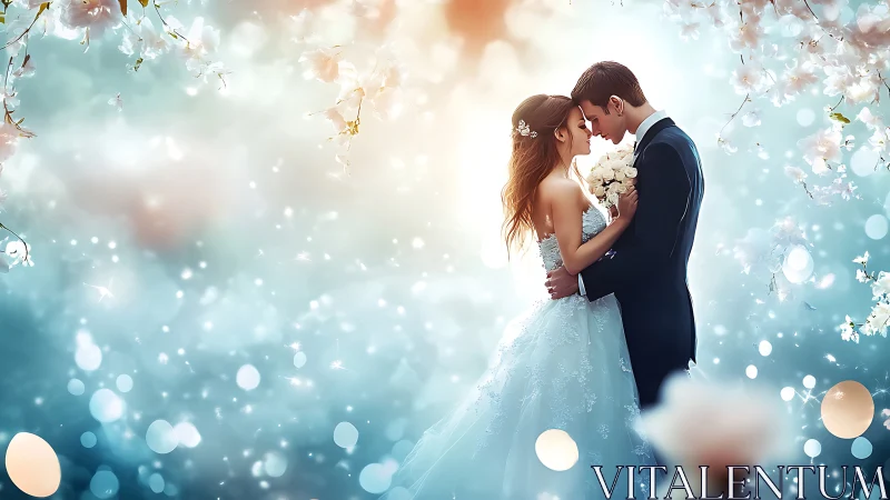 Dreamy wedding couple sharing a gentle, light filled embrace.