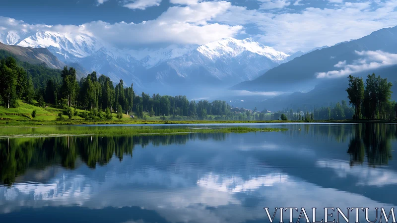 Snowcapped mountains mirror over tranquil alpine lake at dawn.