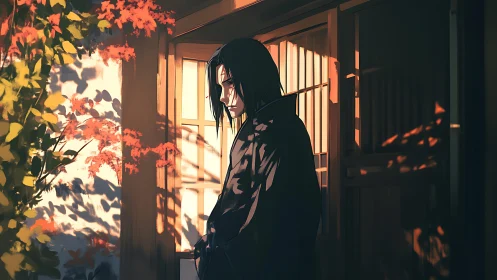 Quiet autumn doorway welcomes a thoughtful, shadowed figure