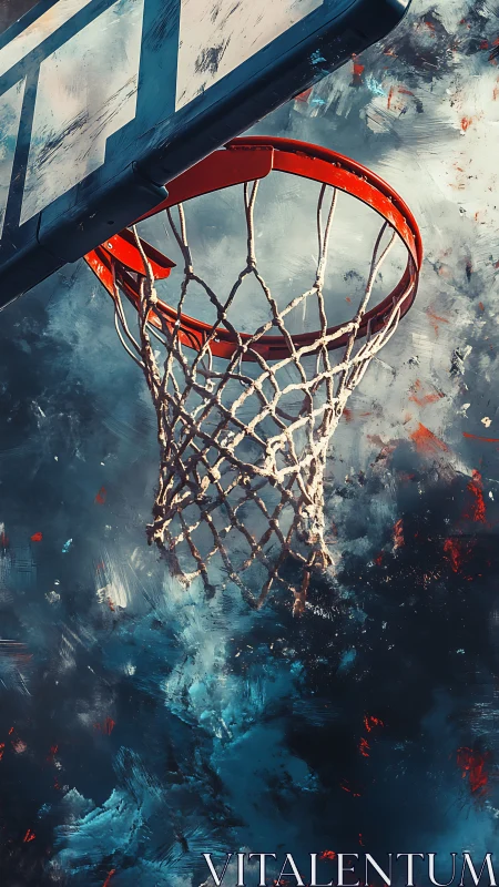 Dynamic basketball hoop closeup against abstract painted sky