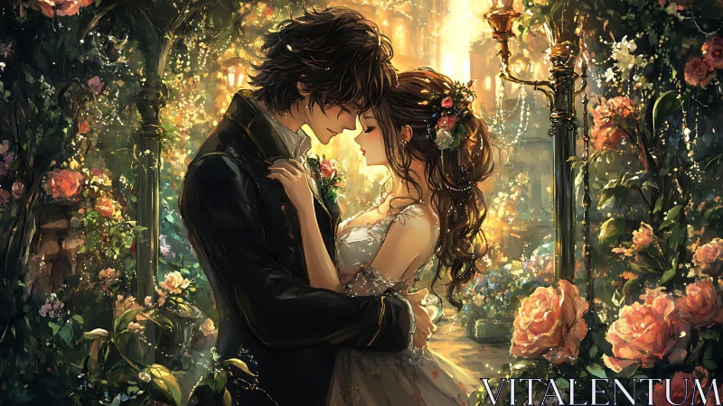 Couple Embracing in Luminous Floral Garden