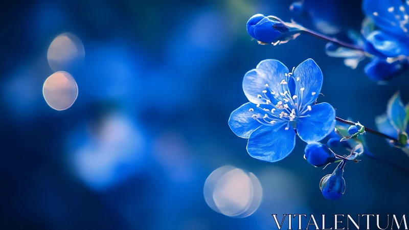 Blue flowers with bokeh background and water droplets