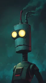 Tall smoking robot portrait with glowing optics and worn metal casing