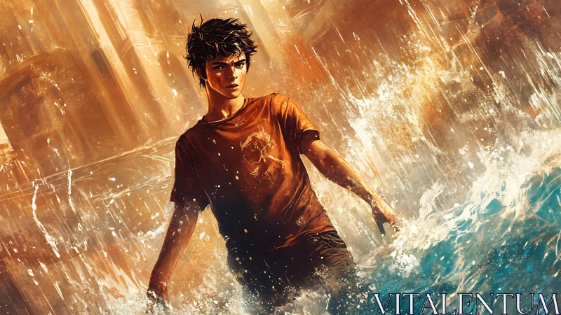 Teen boy strides through crashing water in warm light