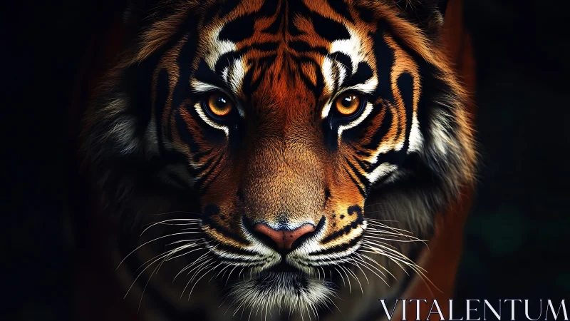 Close frontal view of tiger face on dark contrasting background.