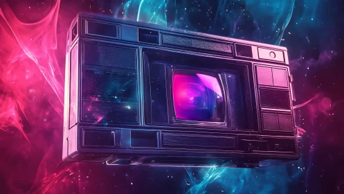 Retro camera cube floats through neon cosmic vapor field.
