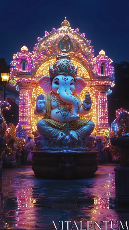 Illuminated Ganesha statue stands before ornate lit shrine