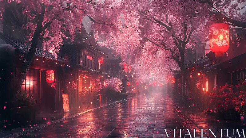 Lantern-lit cherry blossom street in gentle evening rain.