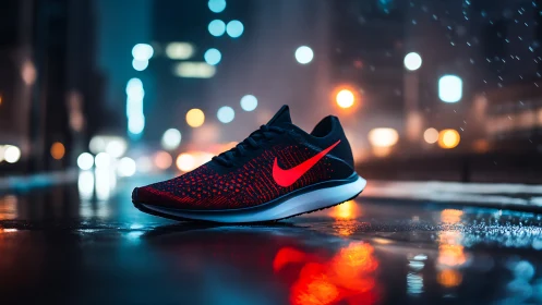 Low-light product shot of neon-accented running shoe on wet street