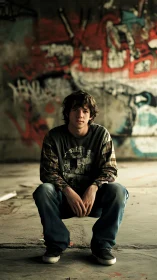 Young man sits in front of blurred graffiti wall background