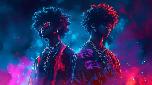 Neon-lit dual portraits of stylish youths in vaporwave haze