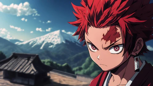 Fiery haired anime hero standing strong by snowy mountain.