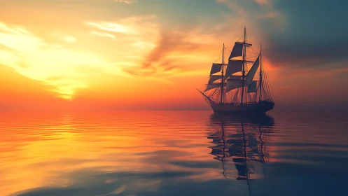 Tri-masted sailing vessel on glassy ocean under spectral sunset.
