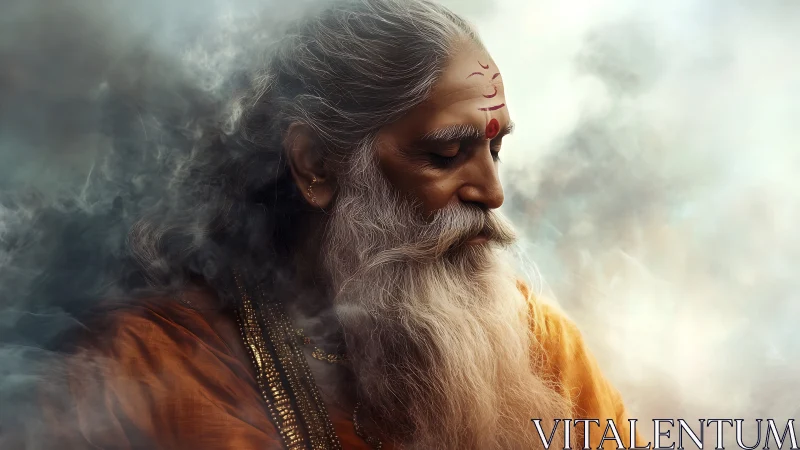 Soft curling smoke crowns a serene sage in quiet light